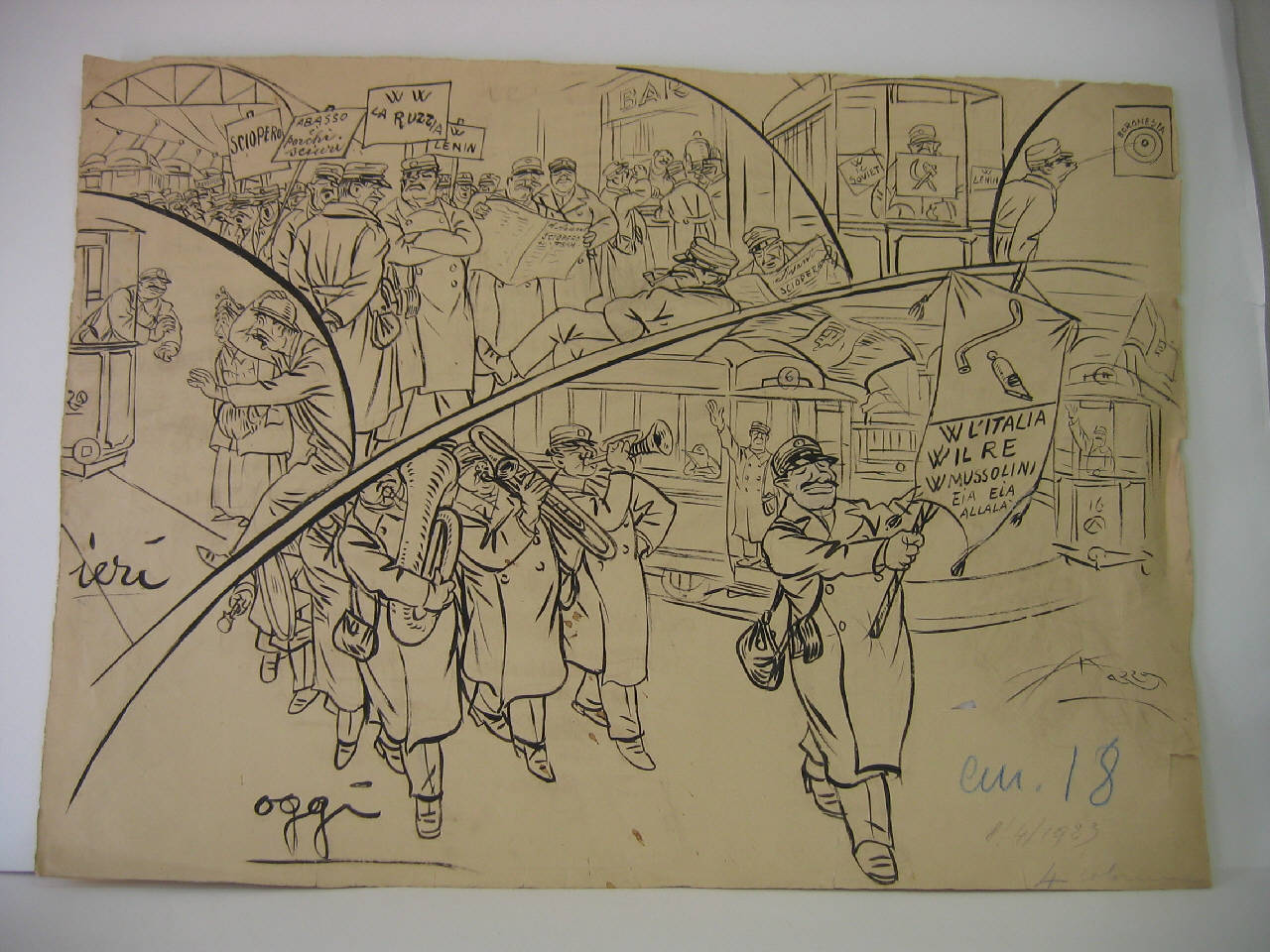 I TRAMVIERI MILANESI E LA VISITA DEL RE. (disegno) di Mazza, Aldo (1923/04/08 - )