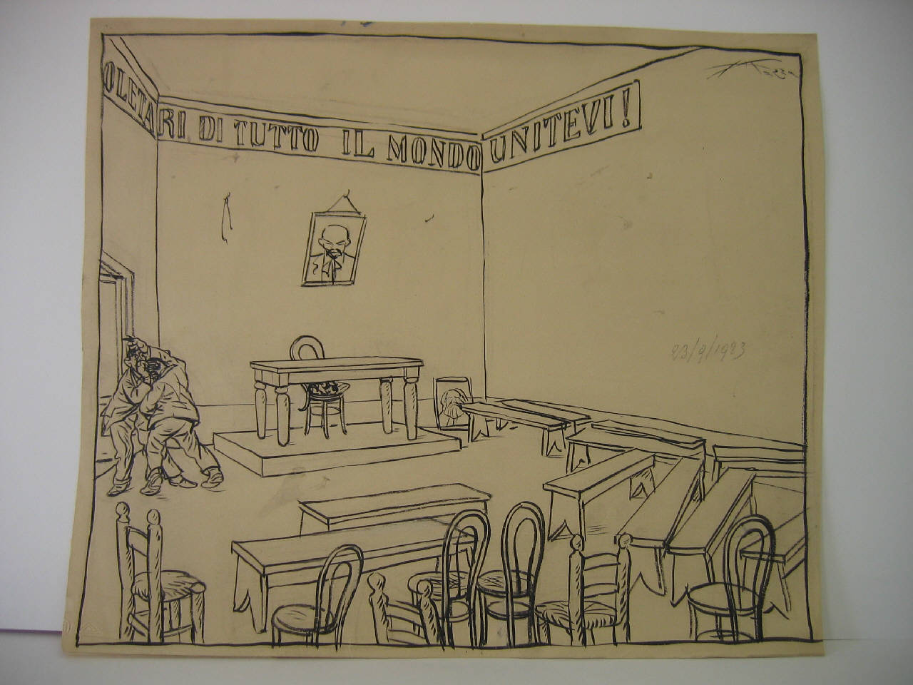 ALLORA ED ORA. Dove urlavano un dì folle infinite,/ sono rimasti in due… che attaccan lite. (disegno) di Mazza, Aldo (1923/09/23 - )