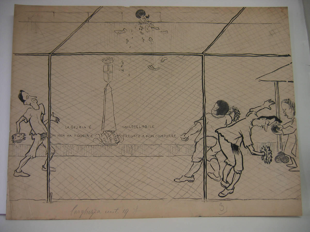 SFERISTERIO LIRICO INTERNAZIONALE. LA SFIDA DEI TRE CAMPIONI. FILASI, DE VENEZIA, DUPONT. (disegno) di Mazza, Aldo (1904/05/22 - )