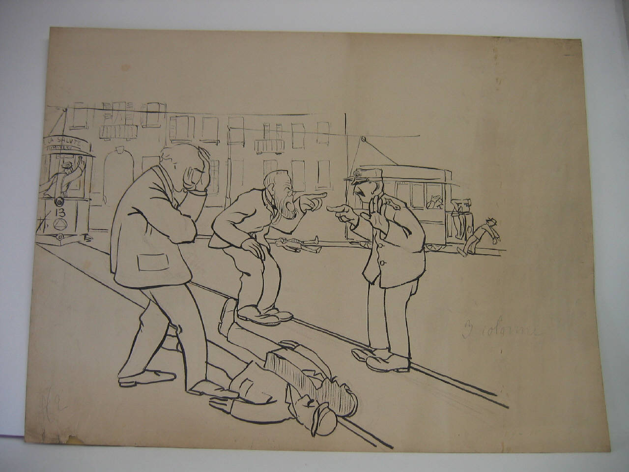 PROVVEDIMENTI PEL SERVIZIO TRAMVIARIO - IL SINDACO GIUDICE FRA LA EDISON E I TRAMVIERI. (disegno) di Mazza, Aldo (1905/04/09 - )