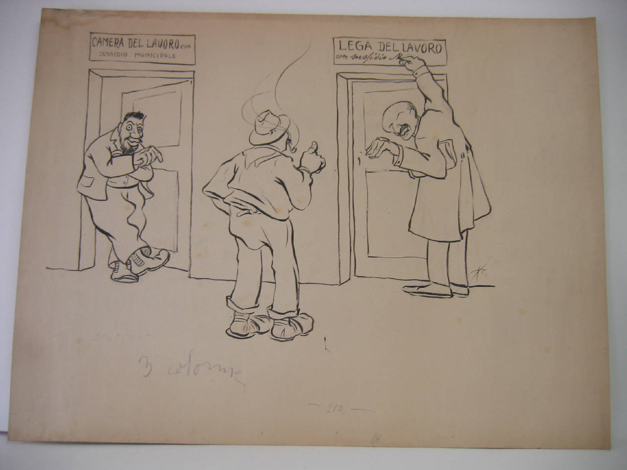 IL SUSSIDIO COMUNALE ALLA LEGA DEL LAVORO. (disegno) di Mazza, Aldo (1905/05/28 - )