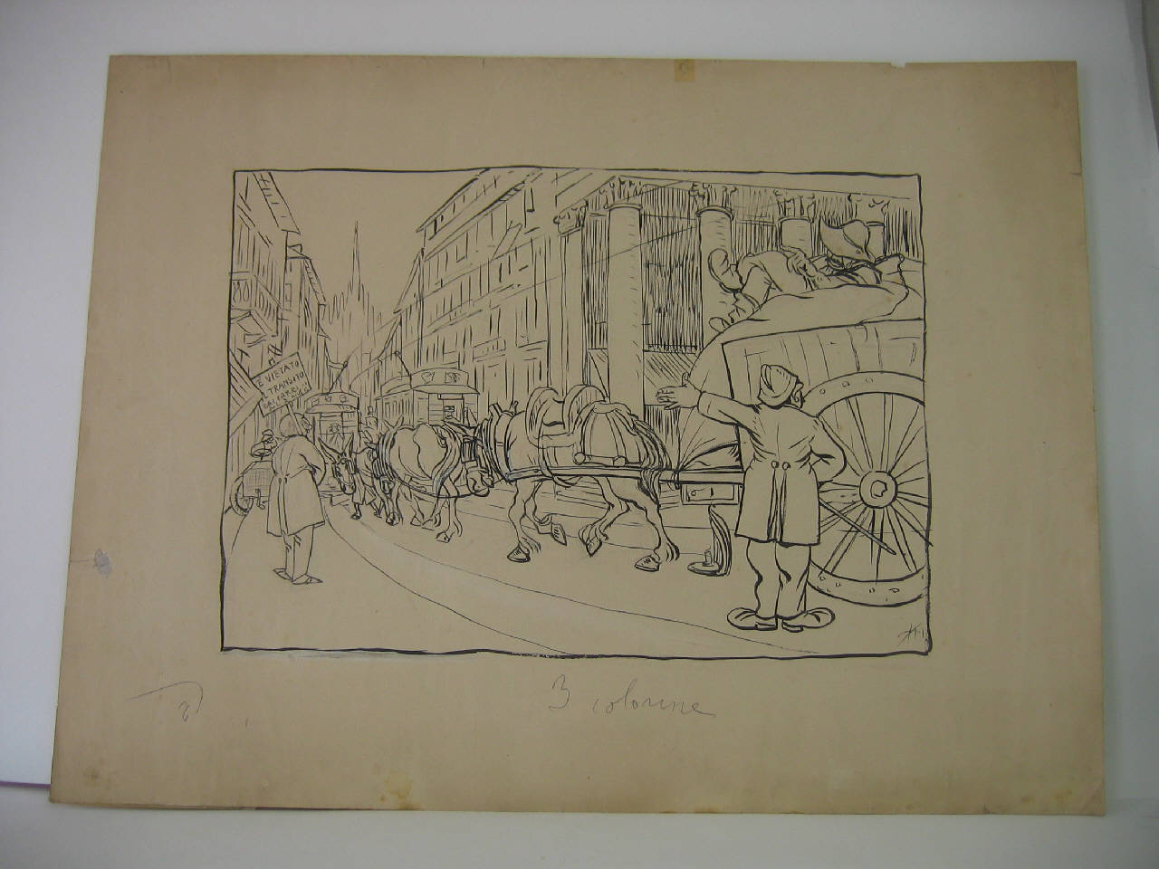 IL DECRETO MUNICIPALE CHE VIETA AI CARRI IL PASSAGGIO SUL CORSO DALLE 13 ALLE 18. (disegno) di Mazza, Aldo (1906/05/20 - )