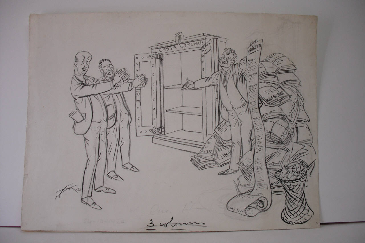 IL RESOCONTO DELLA GESTIONE COMUNALE - ovvero - LE SODDISFAZIONI DI CALDARA. (disegno) di Mazza, Aldo (1920/10/24 - )
