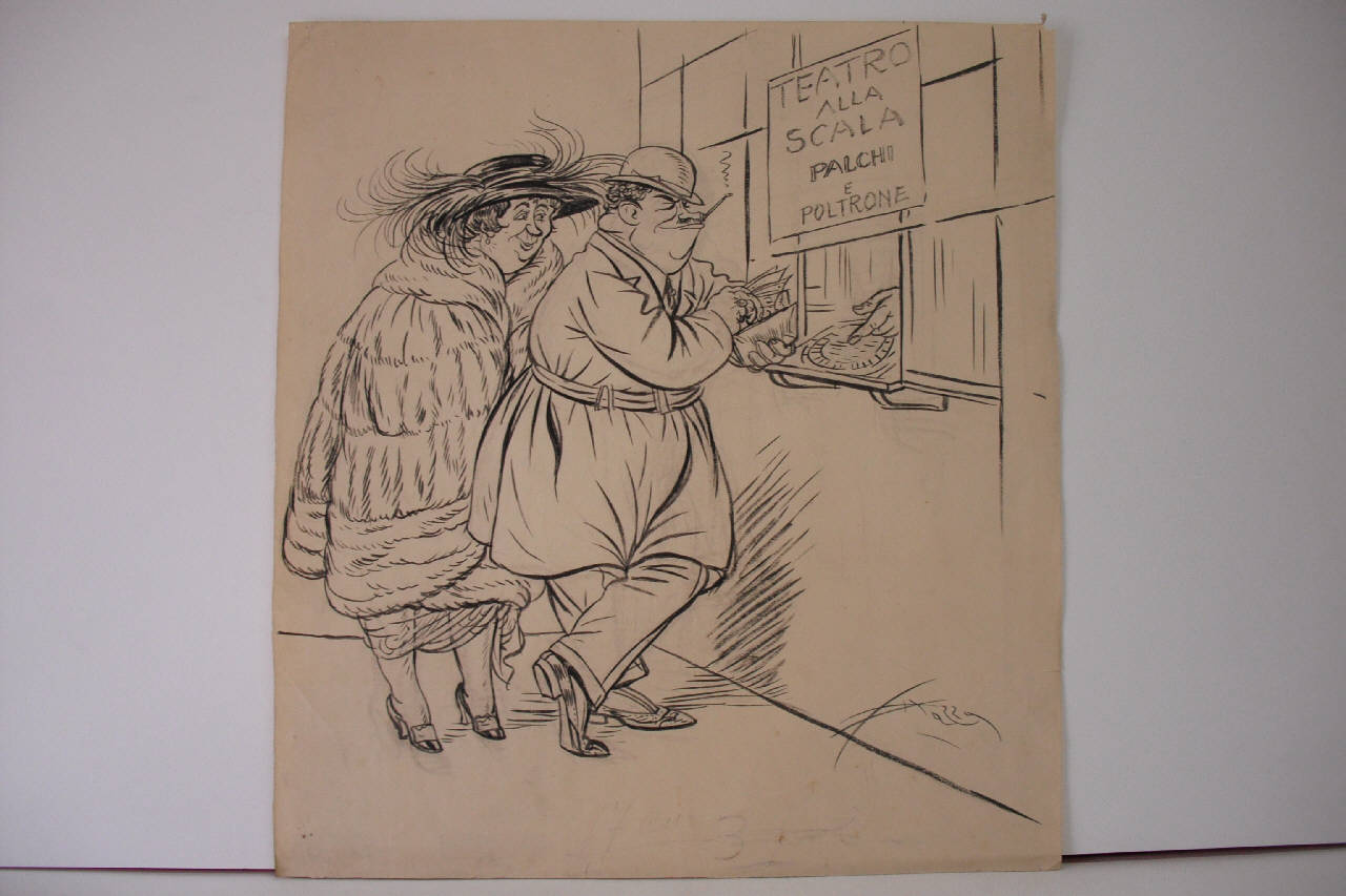 IL NOLEGGIO DEI PALCHI ALLA SCALA. (disegno) di Mazza, Aldo (1920/11/27 - )
