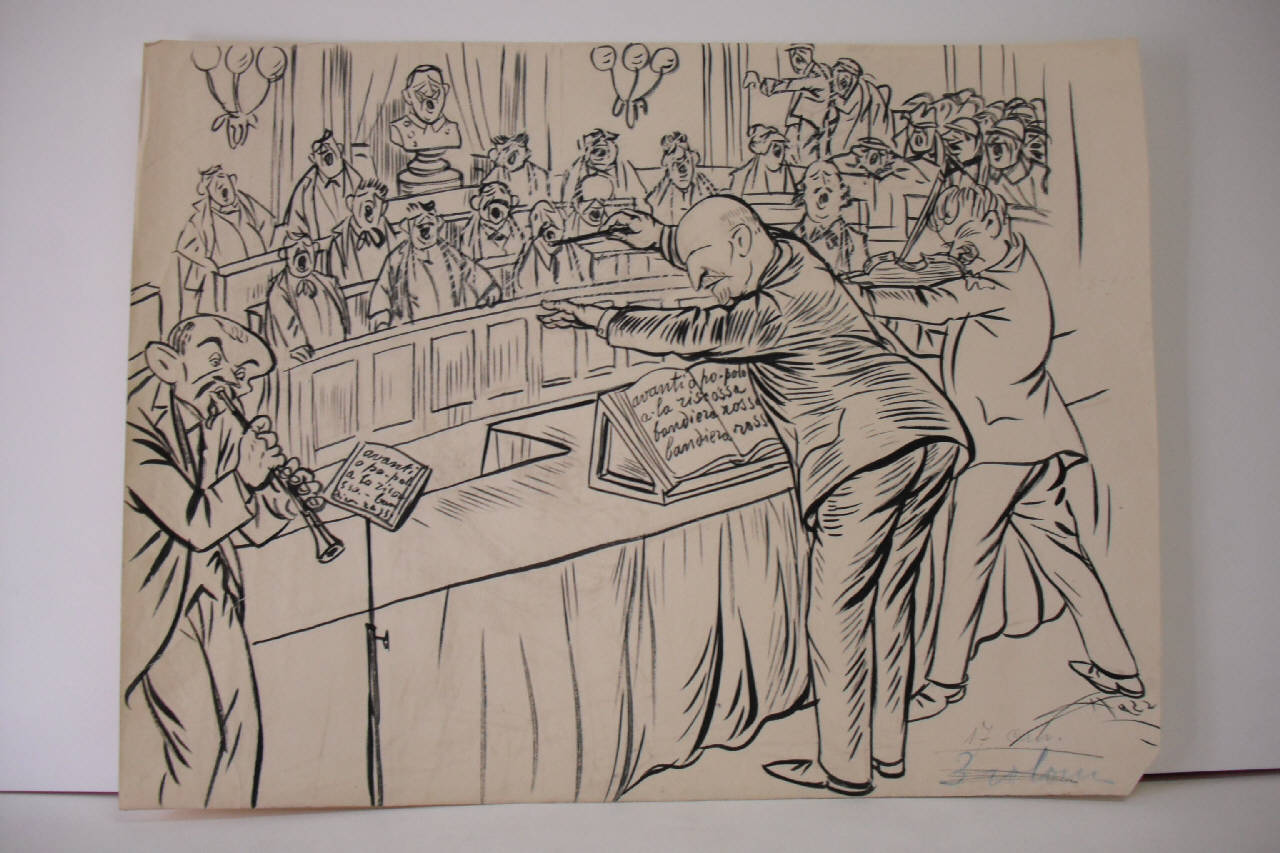LA NUOVA AMMINISTRAZIONE COMUNALE ALL'OPERA. (disegno) di Mazza, Aldo (1920/11/28 - )