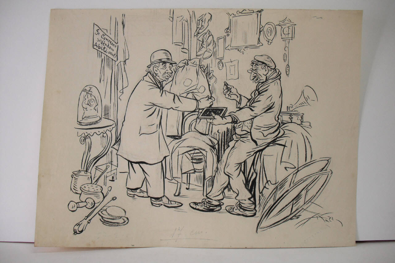 PRIMI EFFETTI DELLA TASSA SUL LUSSO (il conto del rigattiere). (disegno) di Mazza, Aldo (1921/02/27 - )