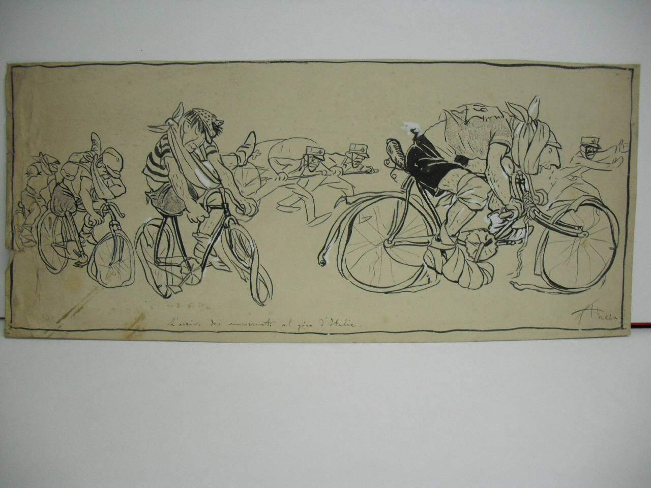 L'ARRIVO DEI CONCORRENTI AL GIRO D'ITALIA. (disegno) di Mazza, Aldo (1909/05/30 - )