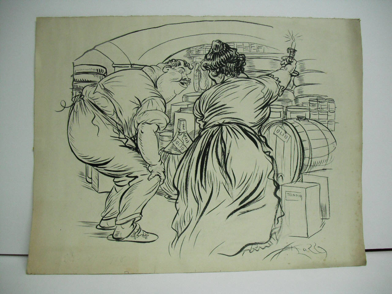 NEL SOTTOBOTTEGA DELL'ESERCENTE. (disegno) di Mazza, Aldo (1918/11/24 - )