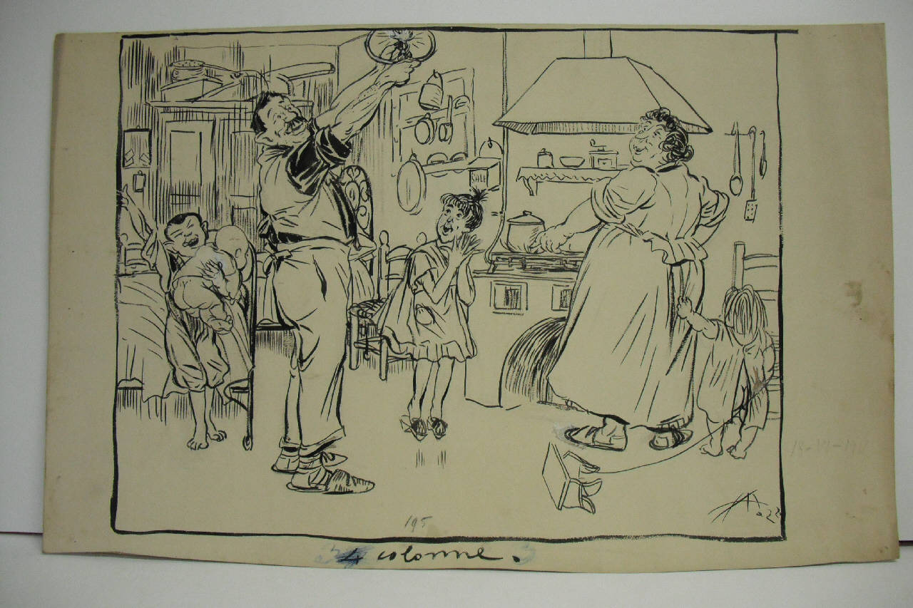 LIETA SORPRESA IN CASA DEL GASISTA SCIOPERANTE. (disegno) di Mazza, Aldo (1911/05/18 - )