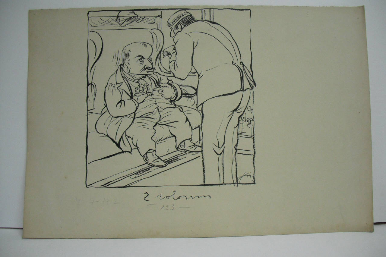 IL PROF. BONARDI IN VIAGGIO PER MONTECITORIO. (disegno) di Mazza, Aldo (1912/04/07 - )