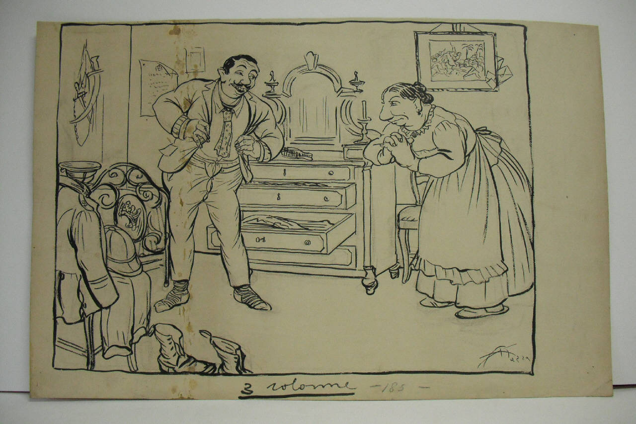 IL REDUCE RIPRENDE L'ABITO BORGHESE. (disegno) di Mazza, Aldo (1912/05/12 - )
