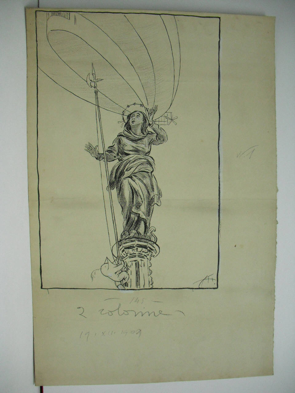 LA MADONNINA DEL DUOMO E IL PASSAGGIO DEL DIRIGIBILE. (disegno) di Mazza, Aldo (1909/12/19 - )