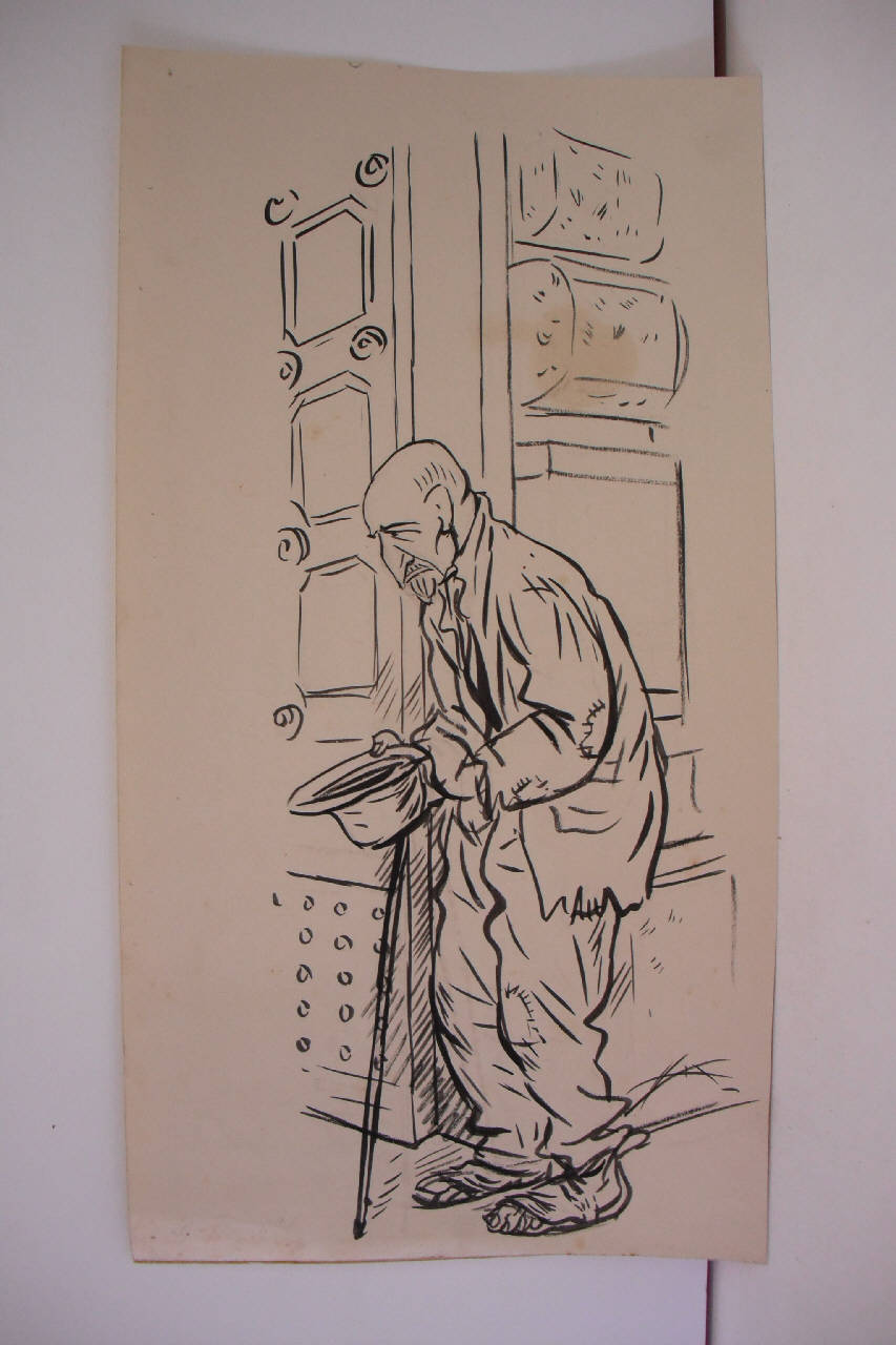 FILIPPETTI SUL PORTONE DELLA CASSA DI RISPARMIO. (disegno) di Mazza, Aldo (1921/06/19 - )