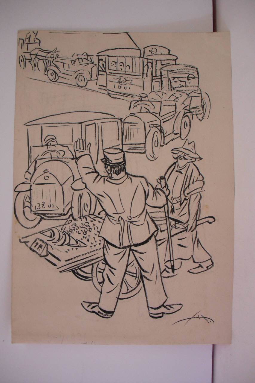 DOPO LA SERRATA DEI FRUTTIVENDOLI AMBULANTI. (disegno) di Mazza, Aldo (1921/07/03 - )