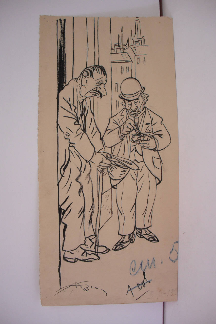 IL PENSIONATO MINCHIONE E IL MENDICANTE. (disegno) di Mazza, Aldo (1922/07/09 - )