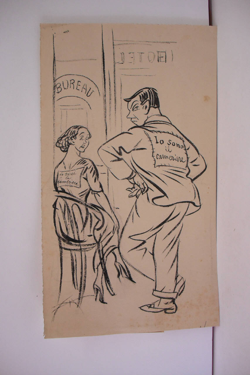 L'AGITAZIONE DEL PERSONALE ALBERGHIERO contro la livrea. (disegno) di Mazza, Aldo (1922/07/23 - )