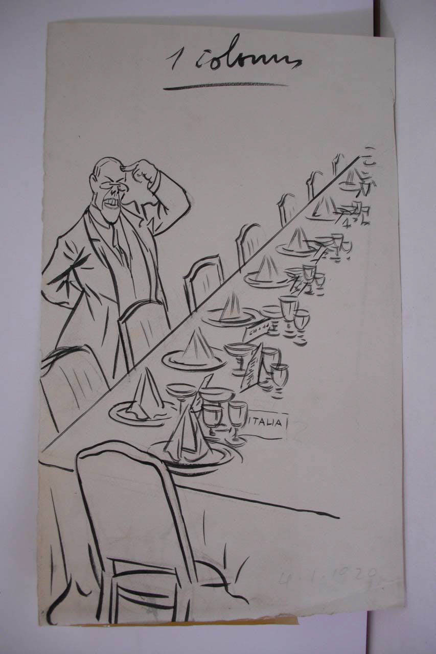 LA CENA DI FINE D'ANNO DELLA SOCIETA' DELLE NAZIONI. (disegno) di Mazza, Aldo (1920/01/04 - )