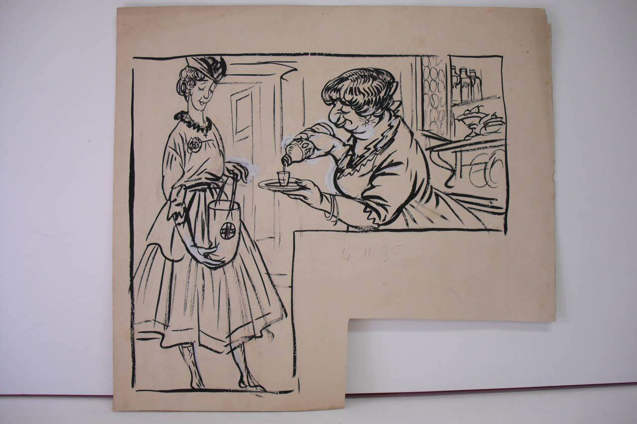 LA VENDITRICE DI CARTOLINE PATRIOTTICHE PER LA FESTA DI SAN MARTINO (Reclame). (disegno) di Mazza, Aldo (1915/11/14 - )