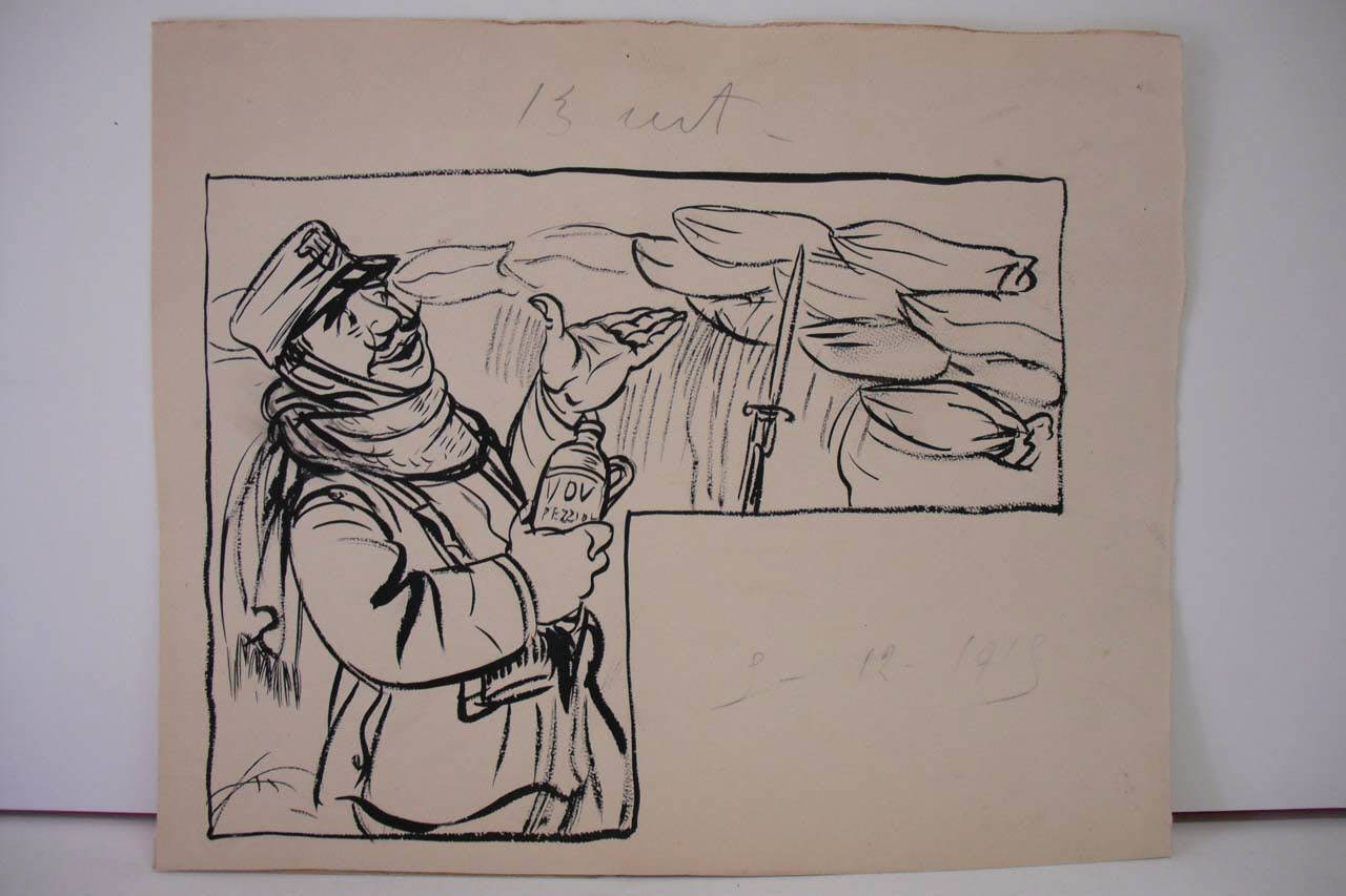 IN TRINCEA - nuova bomba a mano (Reclame). (disegno) di Mazza, Aldo (1915/12/05 - )