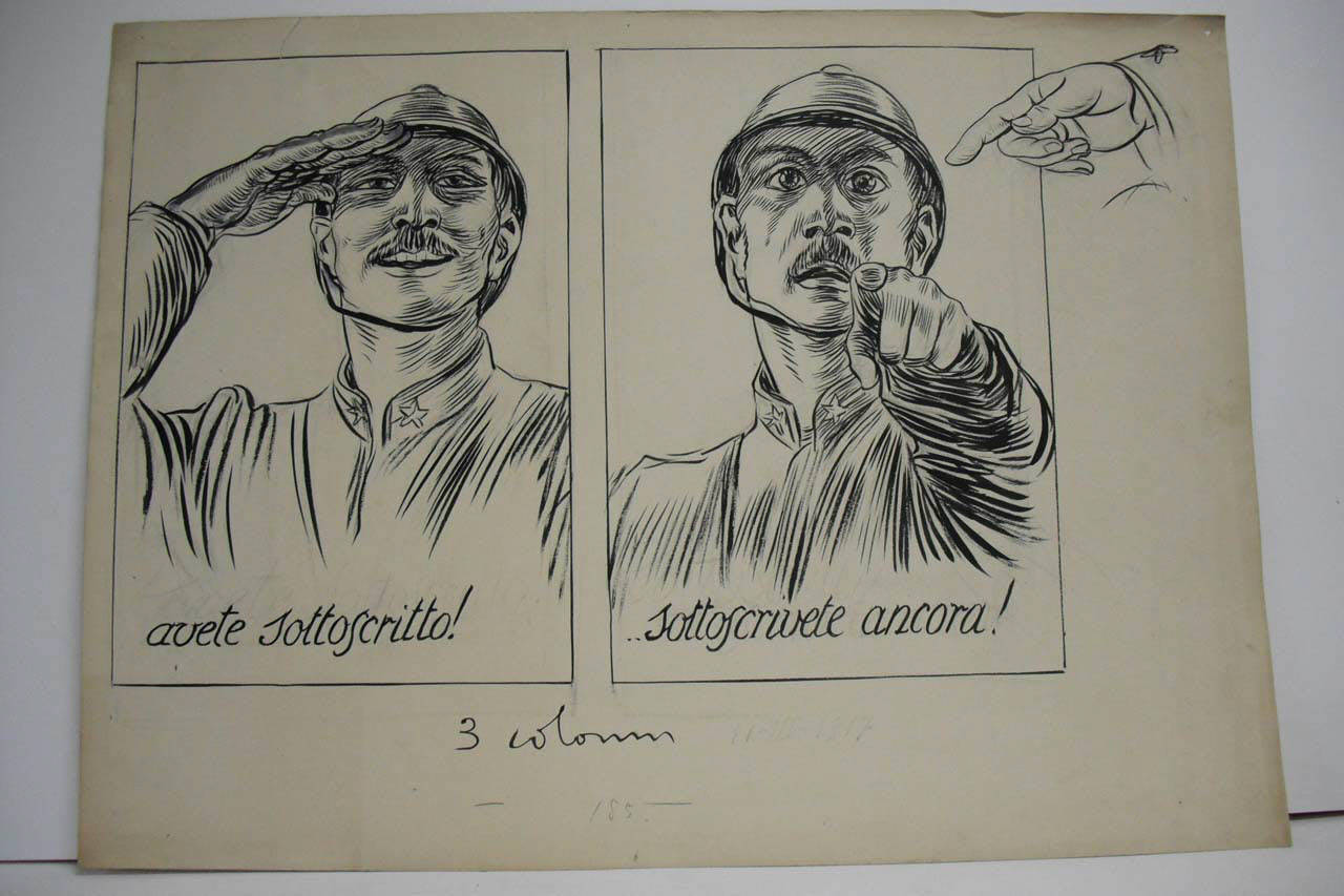 LA SOTTOSCRIZIONE AL PRESTITO E' PROTRATTA. (disegno) di Mazza, Aldo (1917/03/11 - )