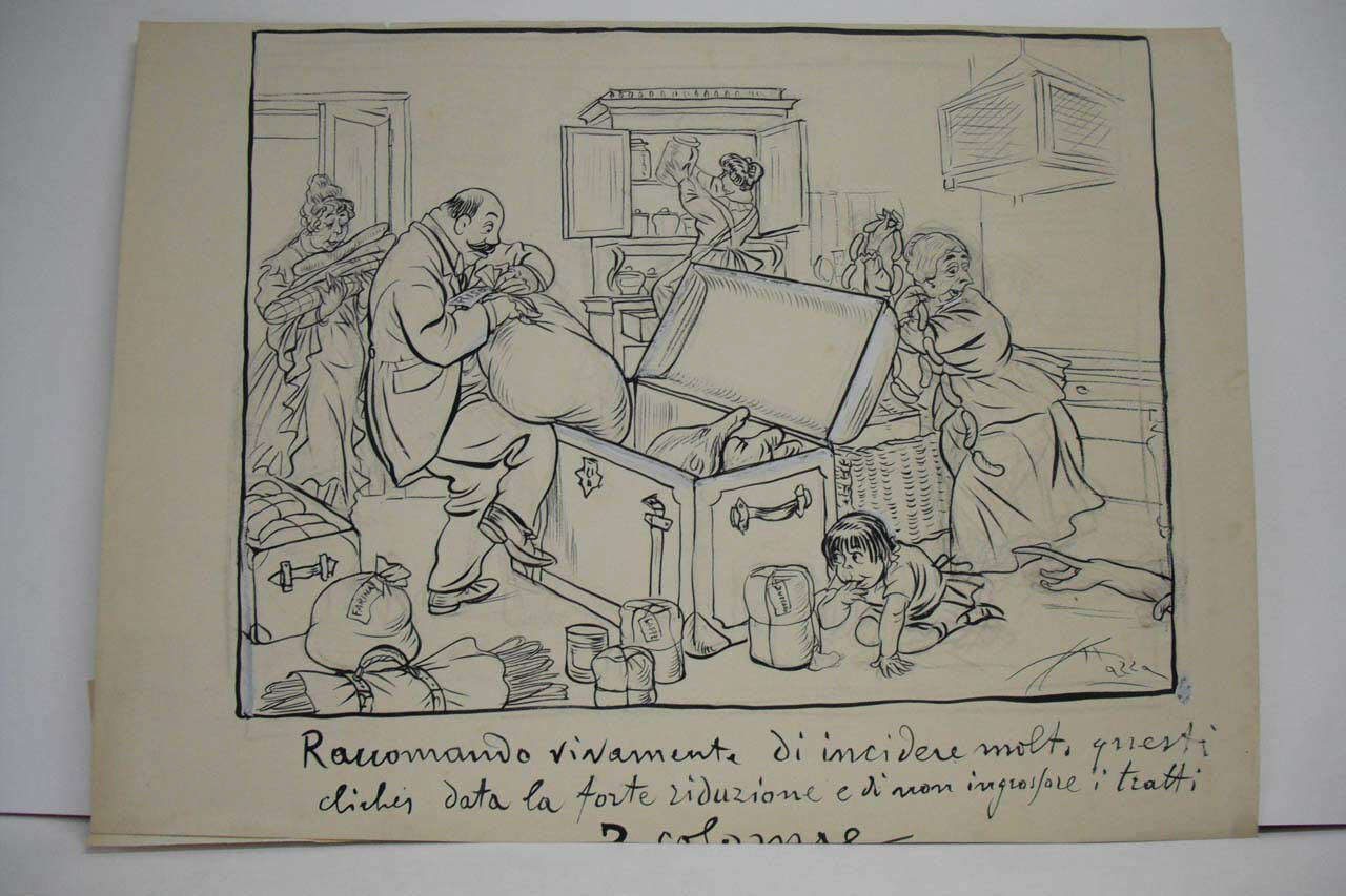 PREPARATIVI PER LA VILLEGGIATURA. (disegno) di Mazza, Aldo (1917/06/17 - )