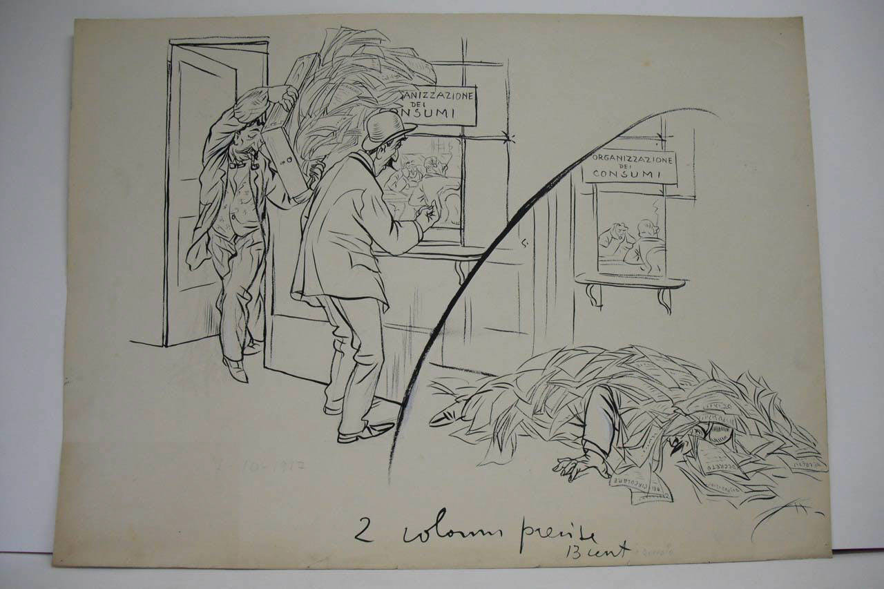 LA SEMPLICE E CHIARA LEGISLAZIONE DEI CONSUMI. (disegno) di Mazza, Aldo (1917/10/07 - )