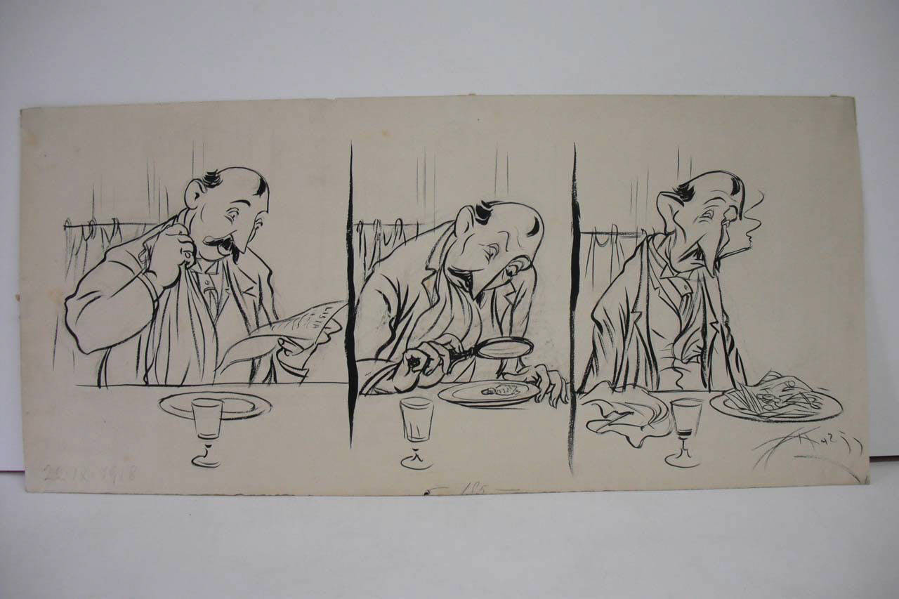 IL CITTADINO AL RISTORANTE OVVERO PRIMA E DOPO LA CURA. (disegno) di Mazza, Aldo (1918/09/22 - )