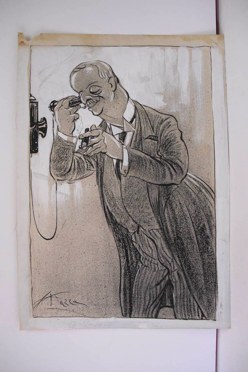 LA TELEFONATA DEL PREFETTO A ROMA. (disegno) di Mazza, Aldo (1914/05/17 - )