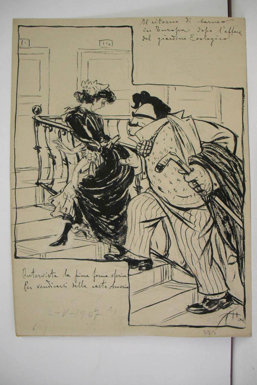 IL RITORNO DI CARUSO IN EUROPA. Sua prima intervista all'hotel. (disegno) di Mazza, Aldo (1907/05/12 - )
