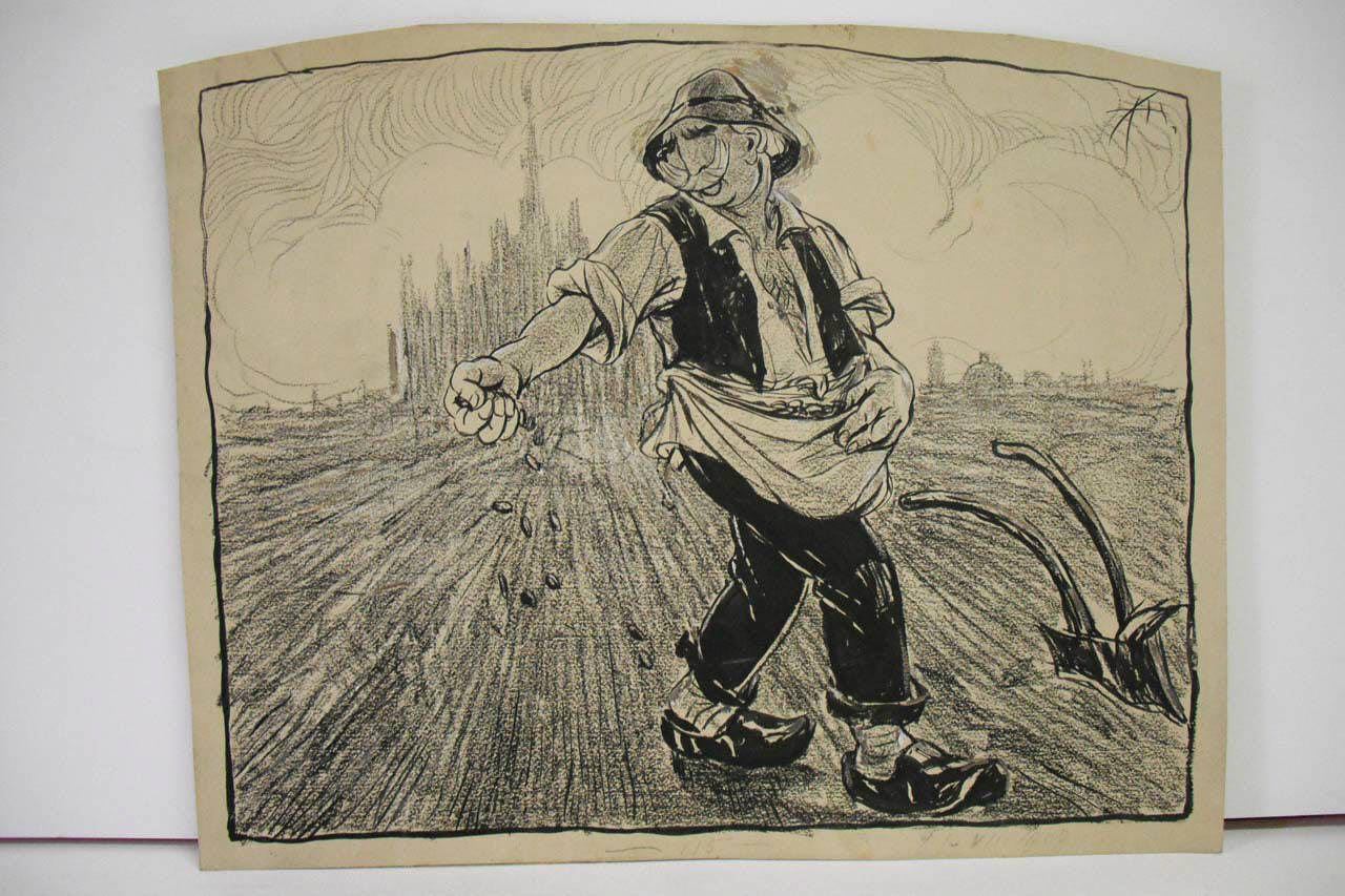 AGRICOLTURA MUNICIPALE: LA SEMINA DEI MILIONI. (disegno) di Mazza, Aldo (1907/07/21 - )