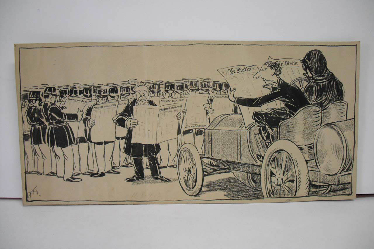 SCAMBIO DI CORTESIE FRANCO - ITALIANE. La Pechino - Martin - Corriere della Sera - l'arrivo a Parigi. (disegno) di Mazza, Aldo (1907/08/11 - )