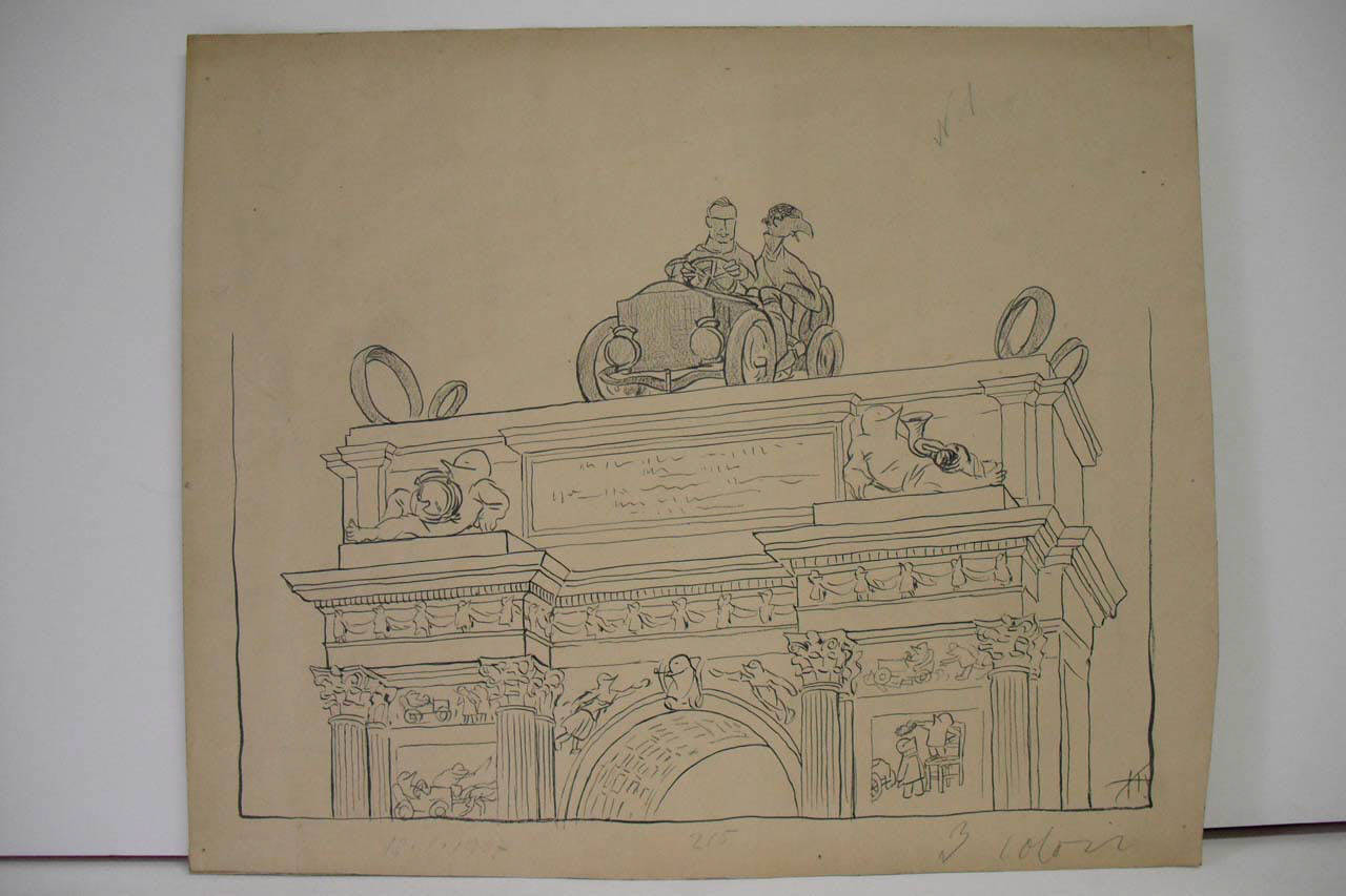 L'INGRESSO DI BORGHESE E BARZINI IN MILANO. (disegno) di Mazza, Aldo (1907/08/18 - )