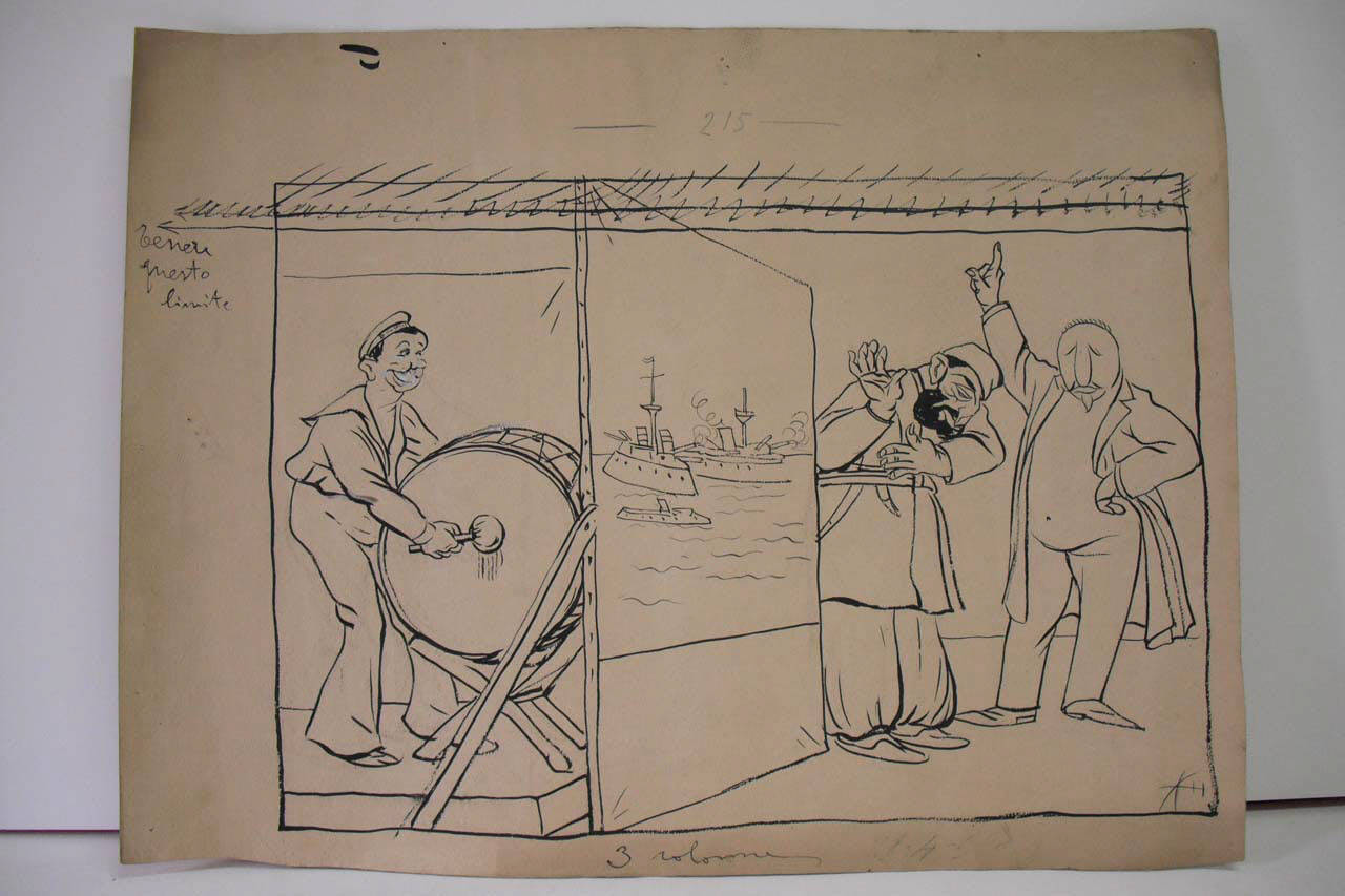 PER LA SOLUZIONE DEI FUTURI INCIDENTI COL GRAN TURCO. (disegno) di Mazza, Aldo (1908/04/26 - )