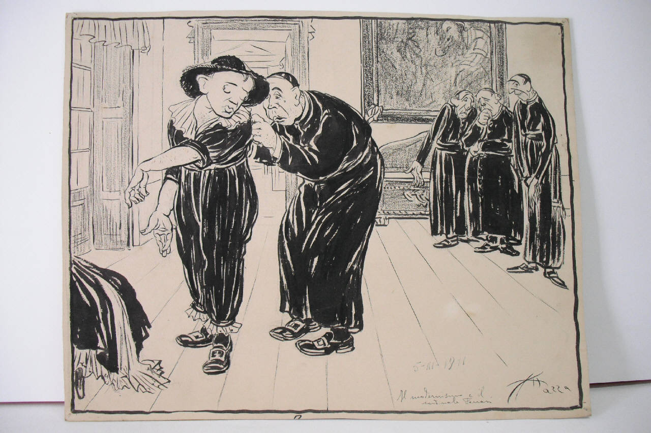 MON. FERRARI TRAVESTITO DA MODERNISTA. (disegno) di Mazza, Aldo (1911/03/05 - )