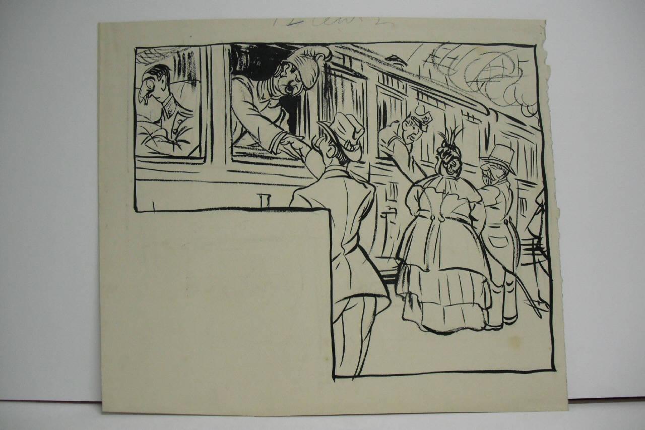 ALLA STAZIONE - L'ESODO DEI MILANESI (Reclame). (disegno) di Mazza, Aldo (1915/05/30 - )