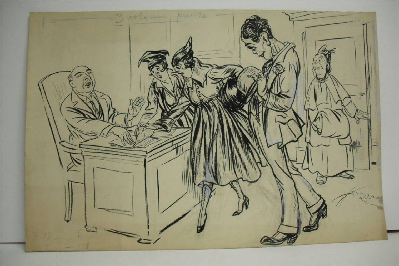 LA PROTESTA DELL'INDUSTRIA DEL MARCIAPIEDE. (disegno) di Mazza, Aldo (1916/11/12 - )