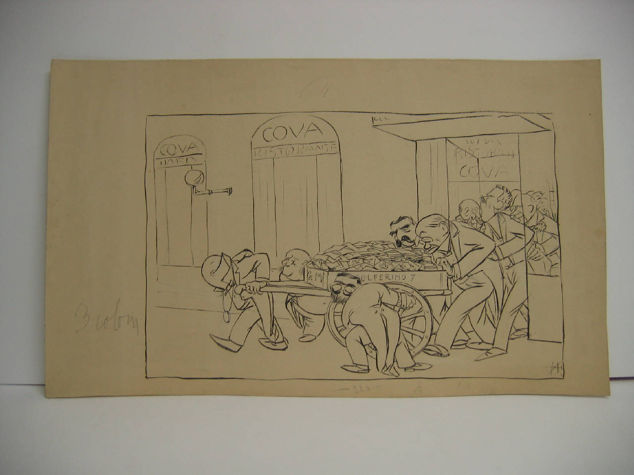 GLI AUGURI DEL GIUBILEO DEL "GUERINO" uscendo dal Cova dopo il banchetto. (disegno) di Mazza, Aldo (1907/03/03 - )