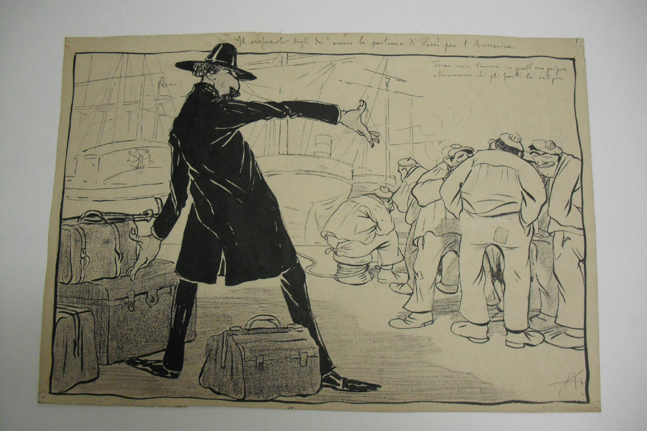 "IL CREPUSCOLO DEGLI DEI" ovvero LA PARTENZA DI FERRI PER L'AMERICA. (disegno) di Mazza, Aldo (1908/02/02 - )