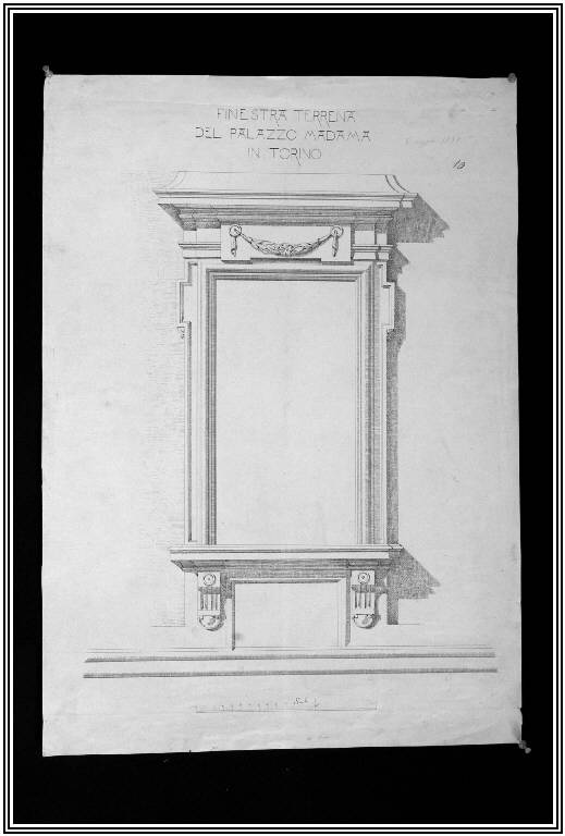 Finestra terrena del palazzo Madama in Torino, STUDIO DI ORNATO (disegno) di Bernasconi Battista fu Giacomo (fine sec. XIX)