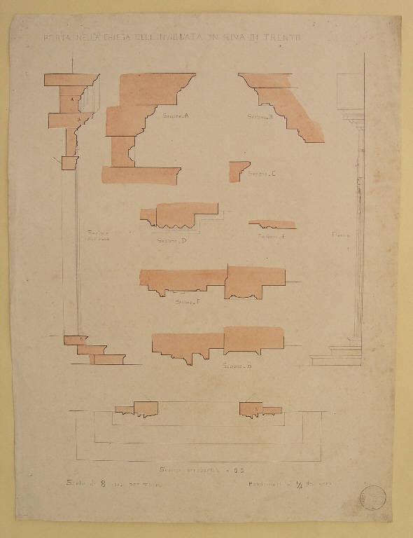 Porta nella chiesa dell'Inviolata in Riva di Trento, STUDIO DI ARCHITETTURA (disegno) di Bottinelli Antonio (inizio sec. XX)