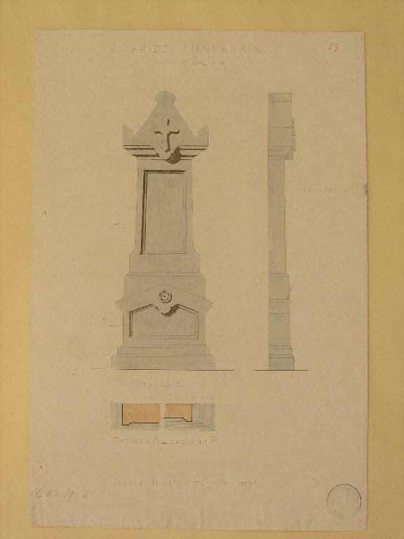 LAPIDE FUNERARIA, STUDIO DI LAPIDE FUNERARIA (disegno) di Bottinelli Antonio (inizio sec. XX)