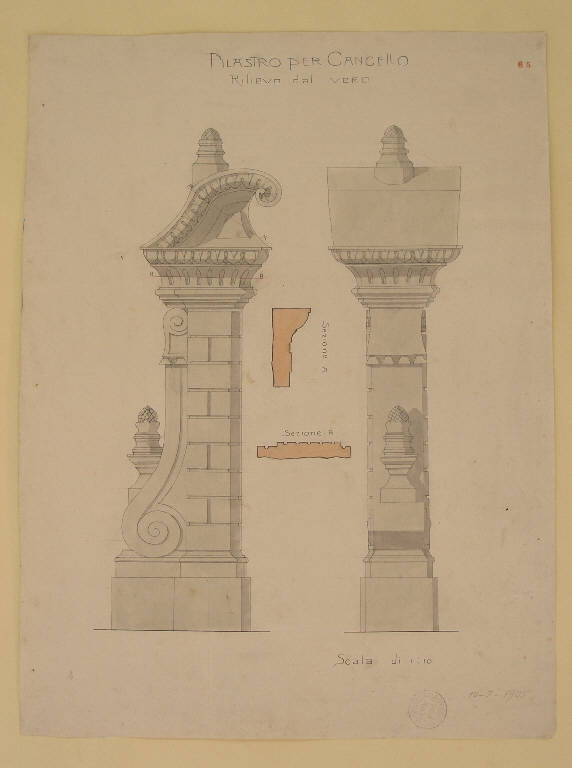 Pilastro per cancello, STUDIO DI PILASTRO PER CANCELLO (disegno) di Danzi Pierino fu Luigi (inizio sec. XX)