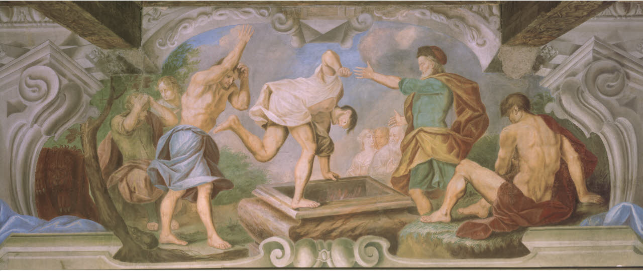 Ercole cattura Cerbero e ruba i pomi delle Esperidi, Ercole cattura Cerbero e ruba i pomi delle Esperidi (dipinto) di Anonimo - barocchetto lombardo (inizio sec. XVIII)