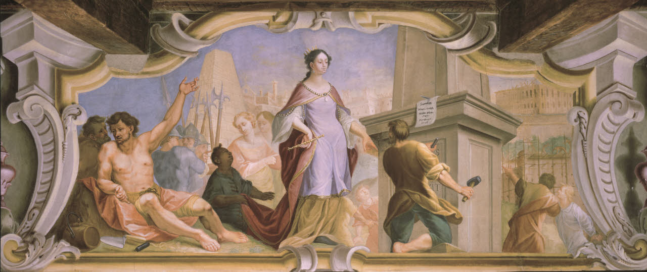Semiramide visita il cantiere di una città, Semiramide visita il cantiere di una città (dipinto) di Anonimo - barocchetto lombardo (inizio sec. XVIII)
