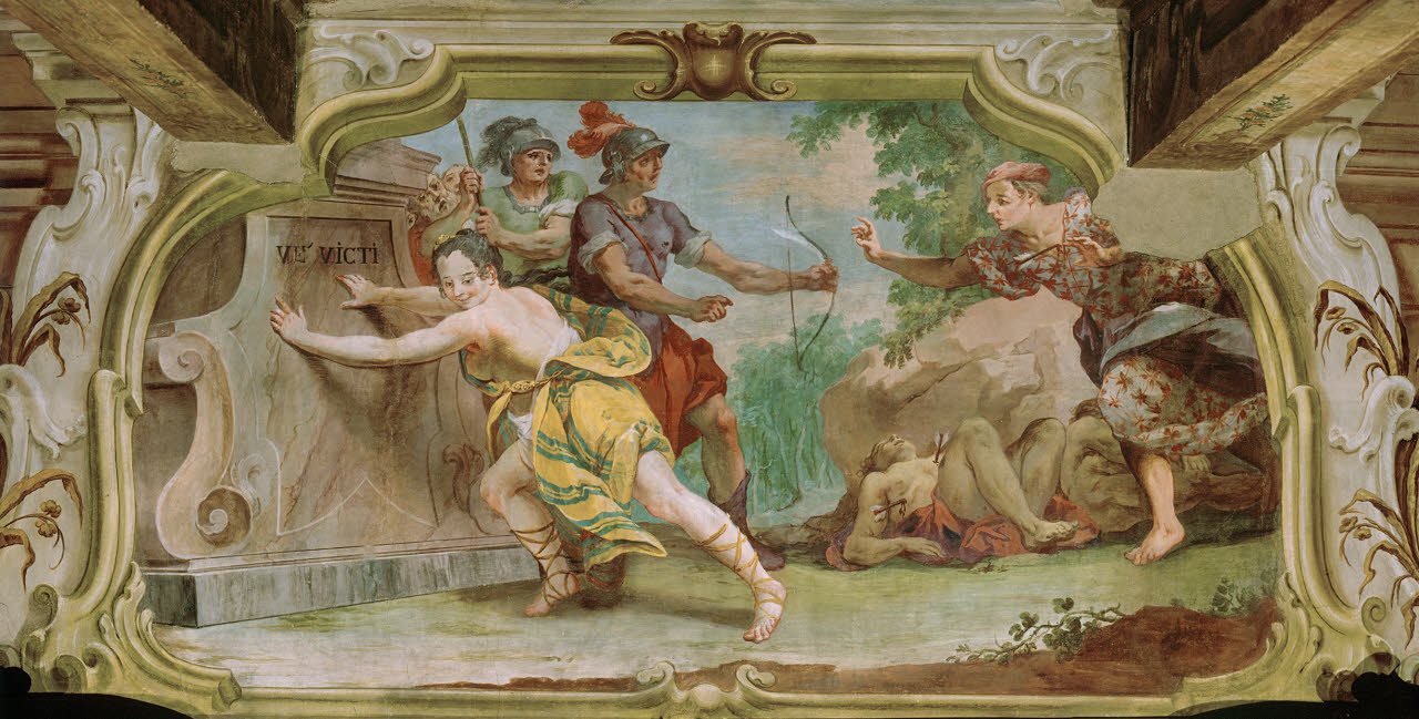 Atalanta sconfigge i suoi pretendenti nella corsa, Atalanta sconfigge i suoi pretendenti nella corsa (dipinto) di Orelli, Giuseppe Antonio - barocchetto lombardo (metà sec. XVIII)