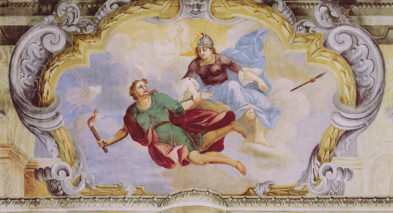 Minerva incita Prometeo a rubare il fuoco sacro, Minerva incita Prometeo a rubare il fuoco sacro (dipinto) di Anonimo - barocchetto lombardo (inizio sec. XVIII)