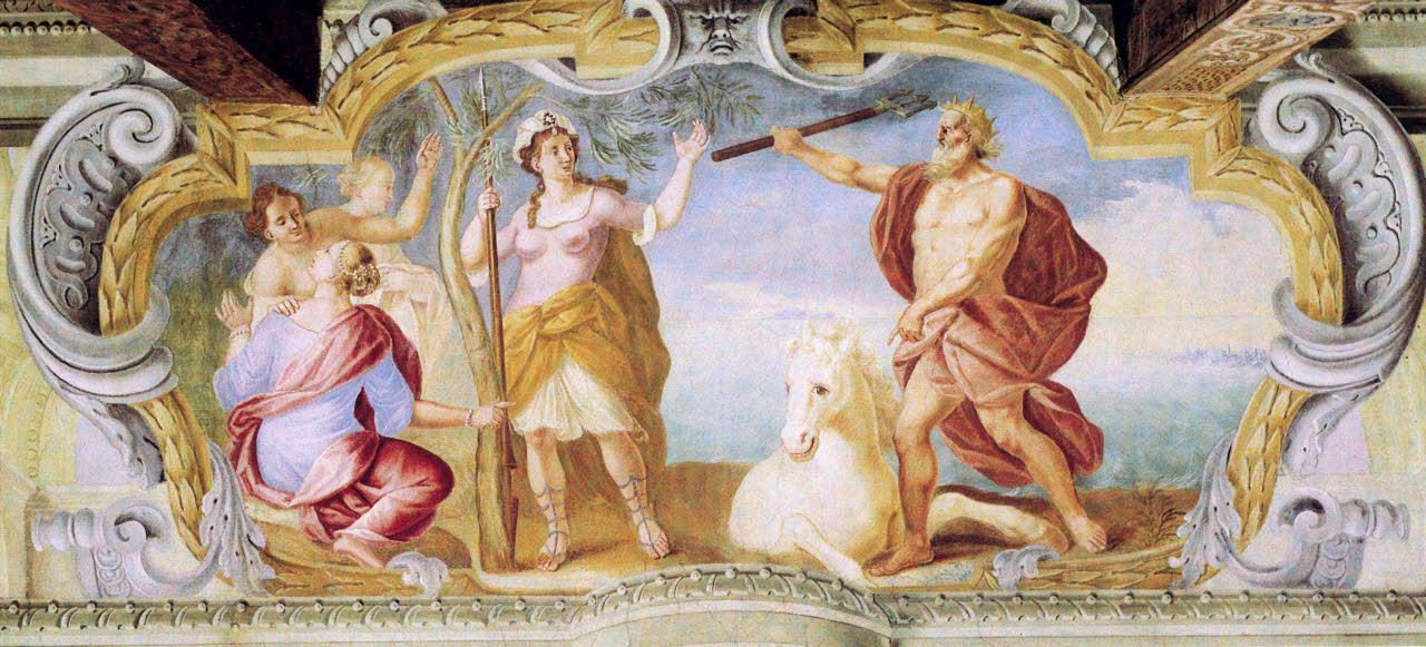 Gara tra Minerva e Nettuno, Gara tra Minerva e Nettuno (dipinto) di Anonimo - barocchetto lombardo (inizio sec. XVIII)