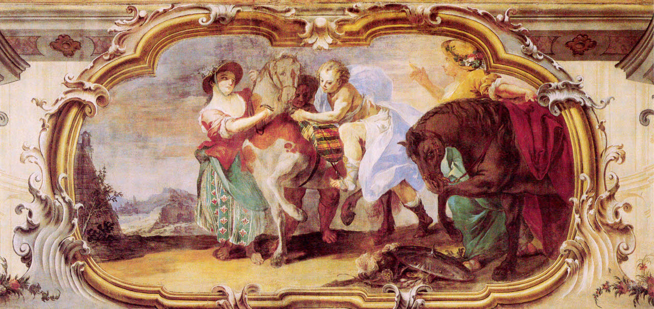 Angelica e Medoro ospiti del pastore, Angelica e Medoro ospiti del pastore (dipinto) di Orelli, Giuseppe Antonio - barocchetto lombardo (metà sec. XVIII)