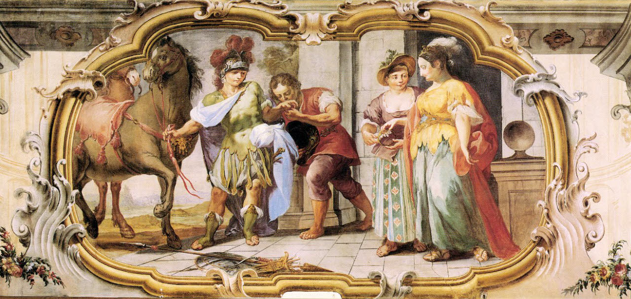 Partenza di Angelica e Medoro, Partenza di Angelica e Medoro (dipinto) di Orelli, Giuseppe Antonio - barocchetto lombardo (metà sec. XVIII)
