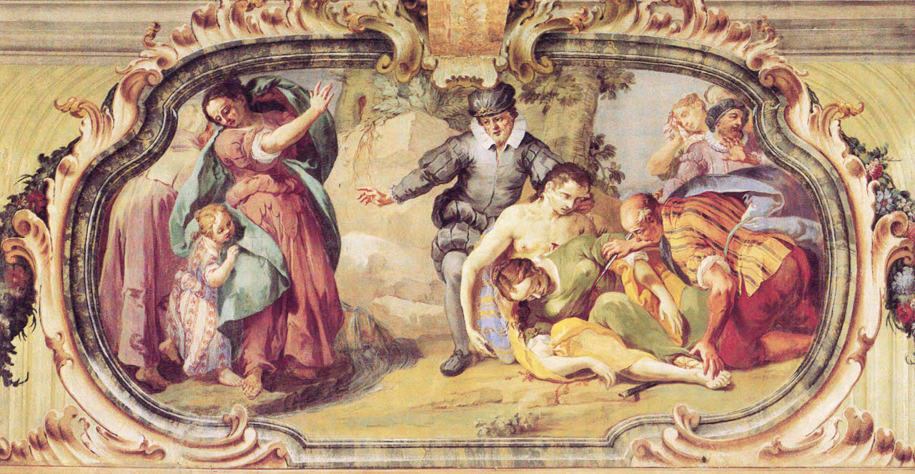 La folla compiange i due giovani amanti morti, La folla compiange i due giovani amanti morti (dipinto) di Orelli, Giuseppe Antonio - barocchetto lombardo (metà sec. XVIII)